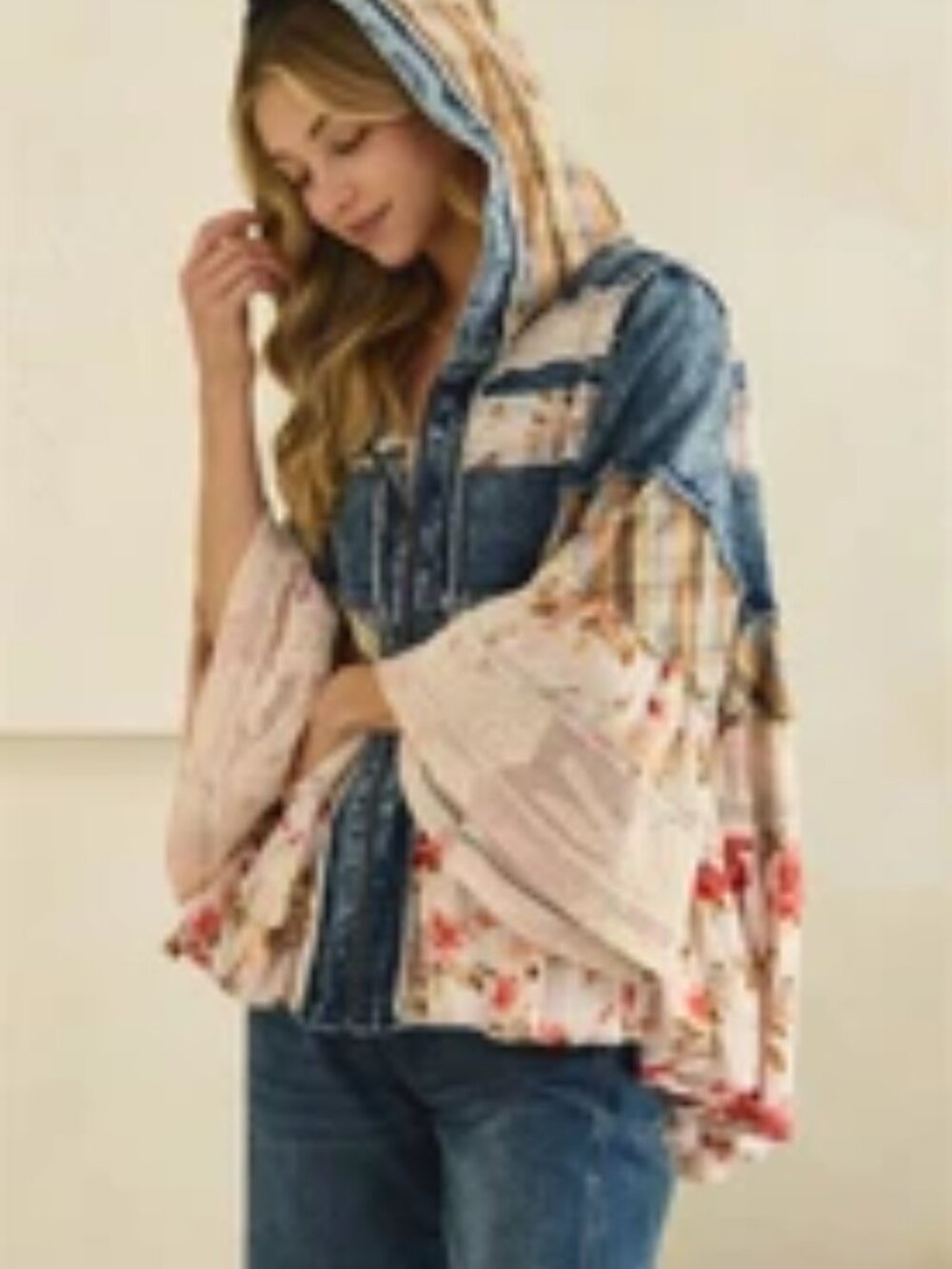 RUFFLE HOODED LACE DENIM FLANNEL AND PRINT MIX JACKET - Picture 3 of 4